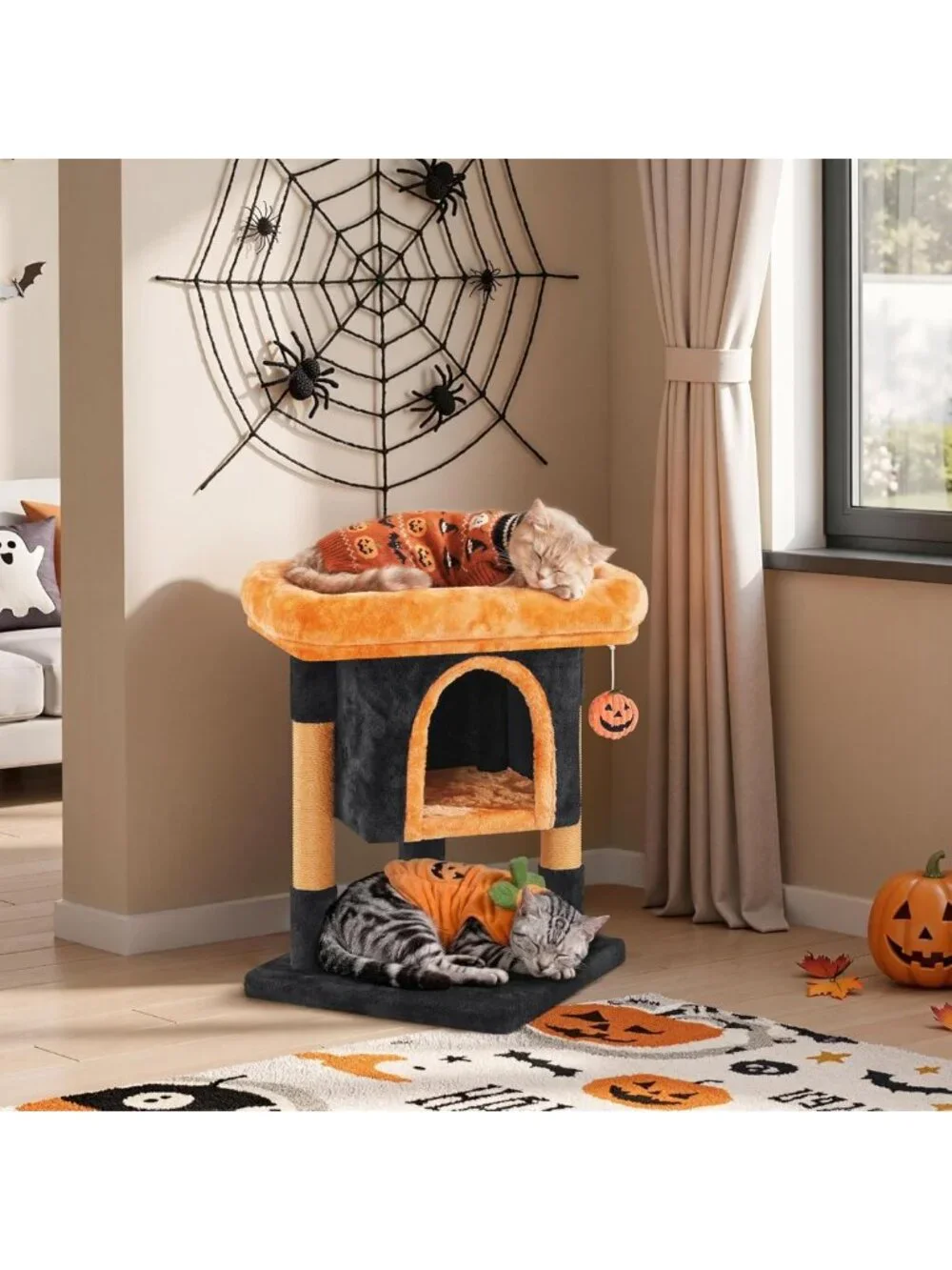 Halloween Cat Tree for Cats - Black & Pumpkin Orange Small Cat Tower, Fun & Cozy
